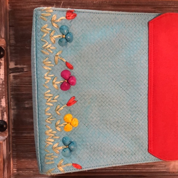 Lulu Guinness
"House" Purse Turquoise and Red Straw Satchel
10"L x 3"W x 10"H - Picture 5 of 15